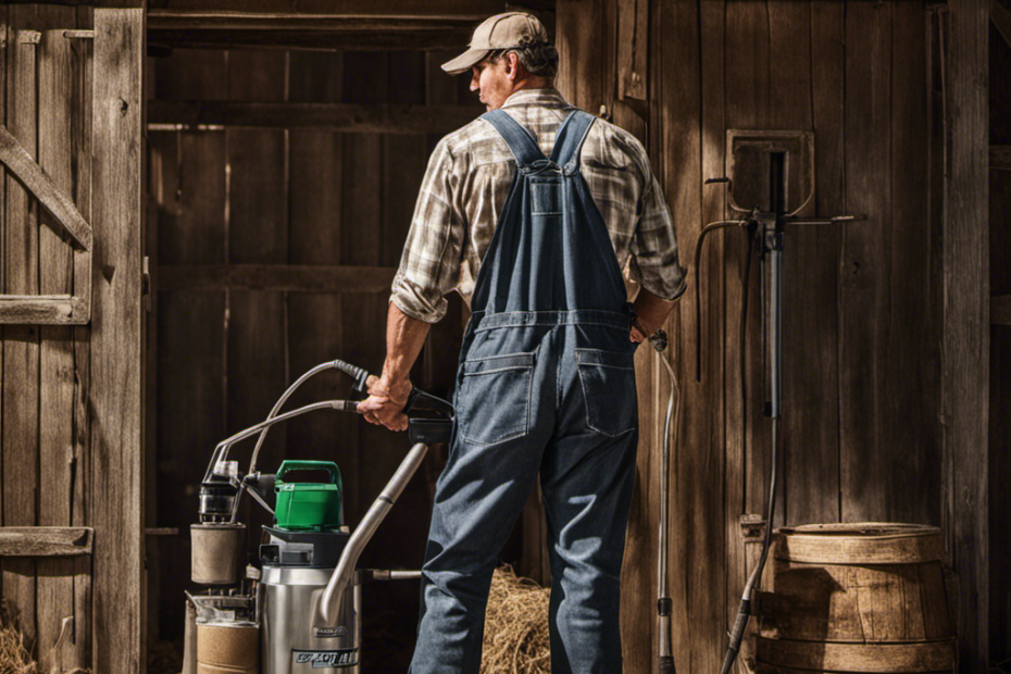 An image showcasing a farmer in overalls, holding an airless paint sprayer, while standing in front of a weathered barn