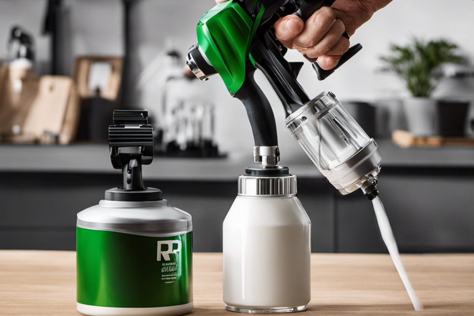 An image showcasing the precision of the Rp Airless Paint Sprayer: a skilled hand deftly maneuvering the sprayer, releasing a fine mist of paint that effortlessly coats a surface, leaving behind a flawless, smooth finish