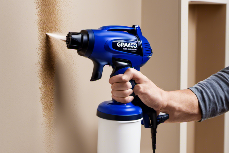 An image showcasing the Graco Truecoat 360 Paint Sprayer in action: a skilled DIY enthusiast effortlessly sprays a flawless coat of paint on a variety of surfaces, including walls, furniture, and cabinets, producing a smooth, professional finish