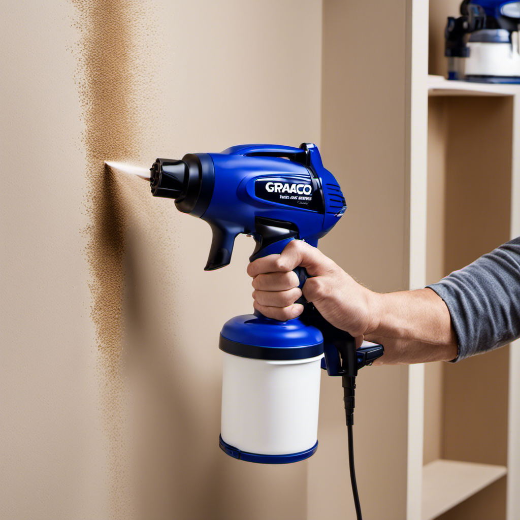 An image showcasing the Graco Truecoat 360 Paint Sprayer in action: a skilled DIY enthusiast effortlessly sprays a flawless coat of paint on a variety of surfaces, including walls, furniture, and cabinets, producing a smooth, professional finish