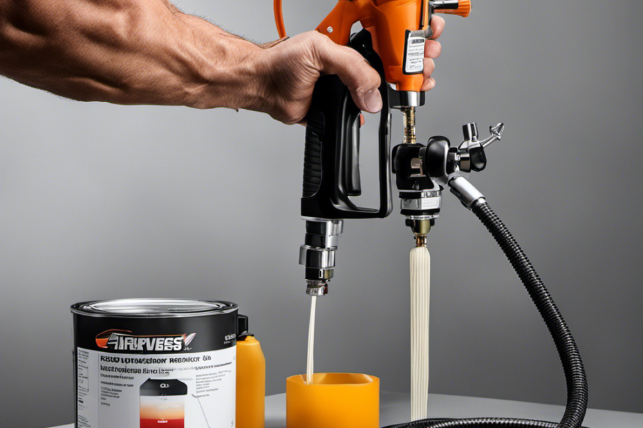 An image showcasing a hand gripping the pressure adjustment knob on an airless paint sprayer, with arrows illustrating the clockwise and counterclockwise rotation options, demonstrating the process of adjusting the pressure