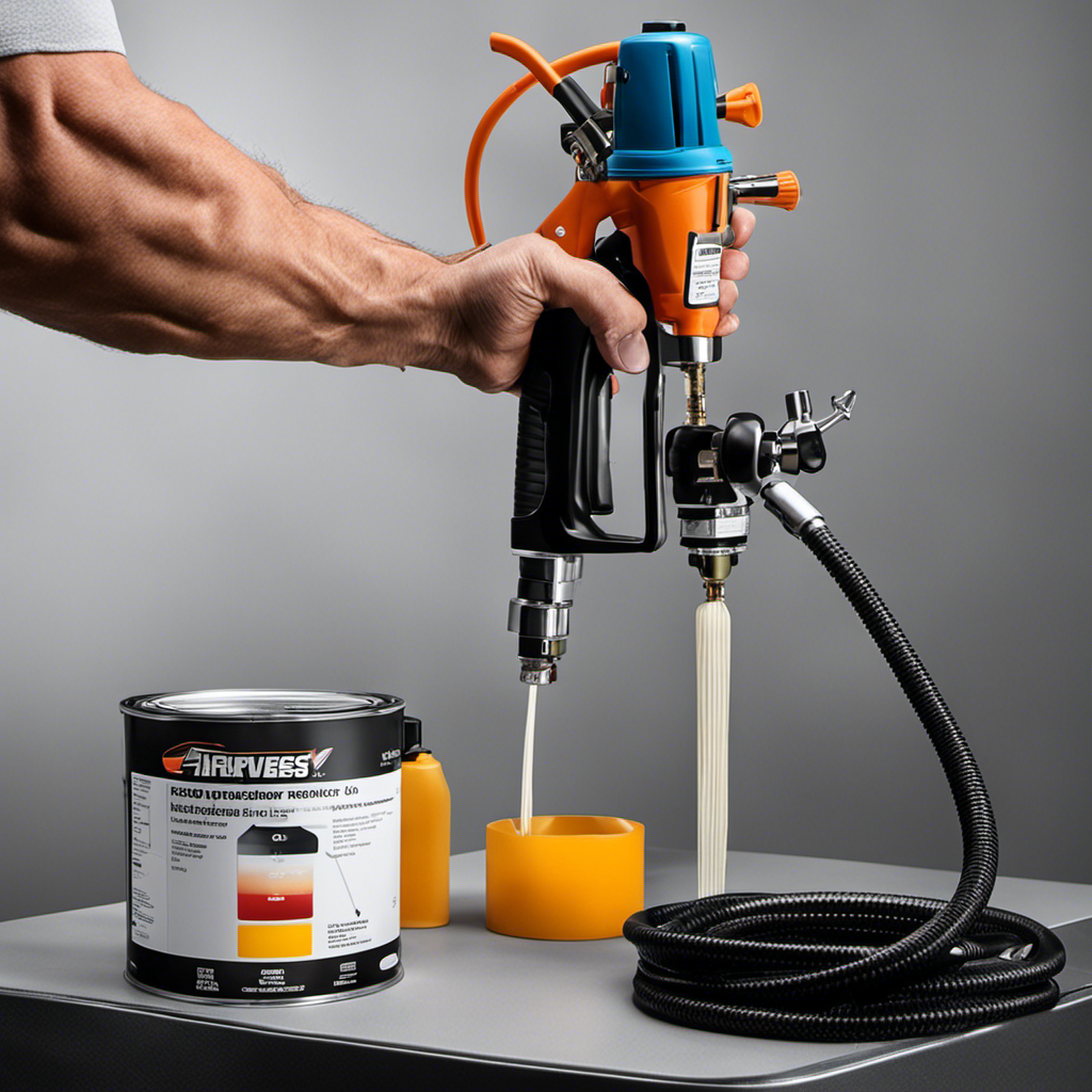 An image showcasing a hand gripping the pressure adjustment knob on an airless paint sprayer, with arrows illustrating the clockwise and counterclockwise rotation options, demonstrating the process of adjusting the pressure