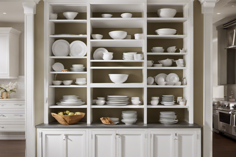 An image that showcases an open cabinet filled with neatly stacked dishes, where a skilled painter gracefully wields an airless sprayer, effortlessly coating the interior surfaces with a smooth, even layer of paint