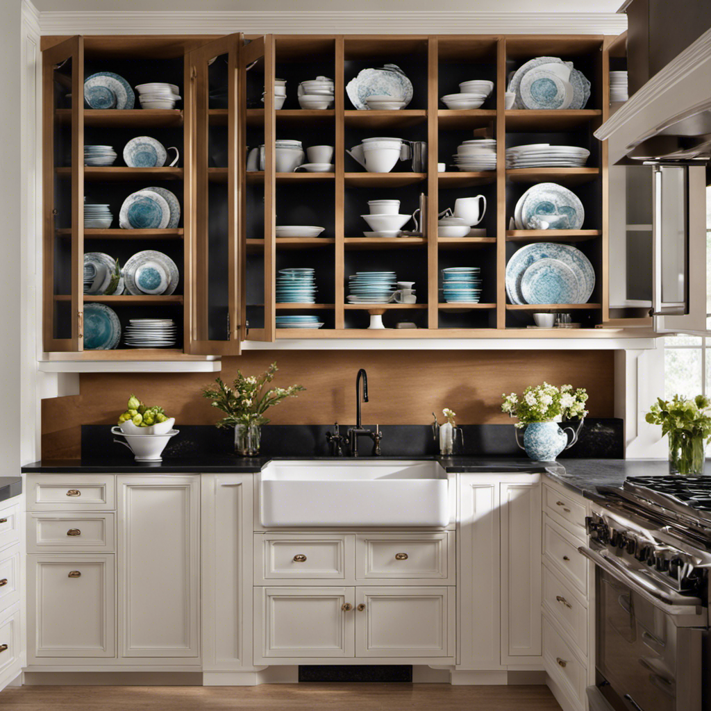 An image that showcases an open cabinet filled with neatly stacked dishes, where a skilled painter gracefully wields an airless sprayer, effortlessly coating the interior surfaces with a smooth, even layer of paint