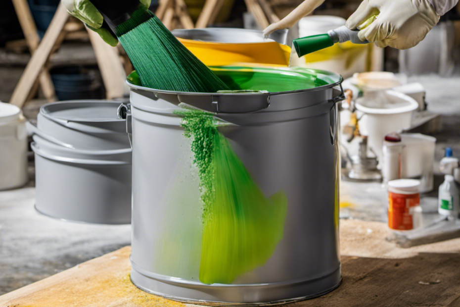An image showcasing a painter pouring paint into a large container, using a funnel to strain out impurities