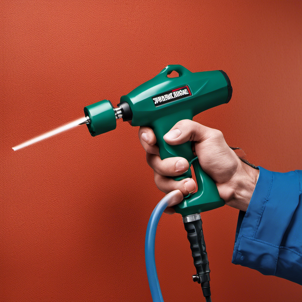 An image showing a hand gripping the airless paint sprayer's handle, while the other hand holds the hose upright, demonstrating the step-by-step process of priming the sprayer without paint