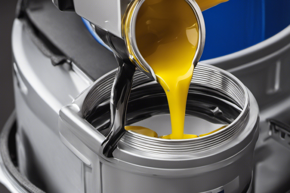 An image featuring a close-up shot of a Graco airless paint sprayer's oil fill port, with a hand pouring oil from a container specifically designed for the sprayer into the port