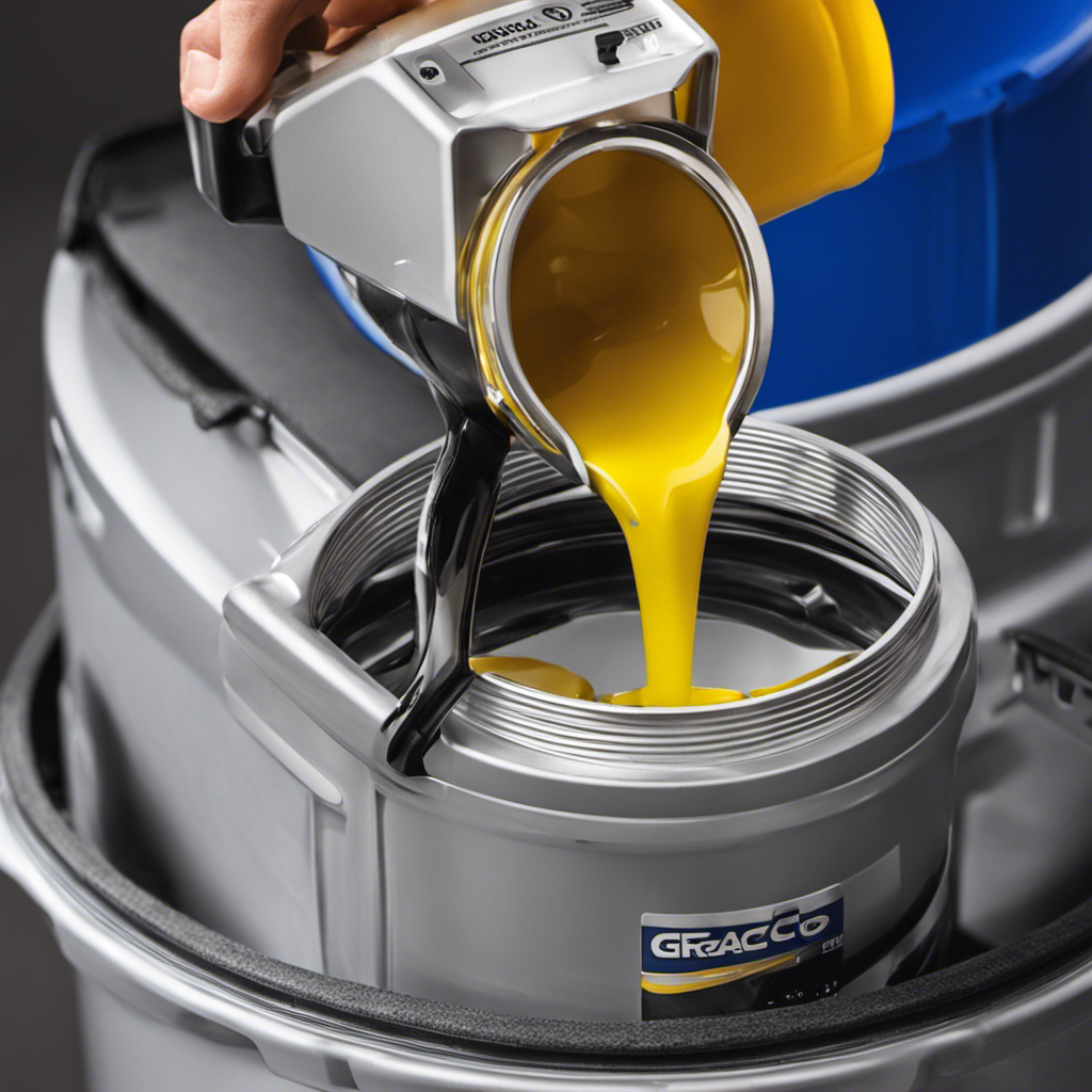An image featuring a close-up shot of a Graco airless paint sprayer's oil fill port, with a hand pouring oil from a container specifically designed for the sprayer into the port