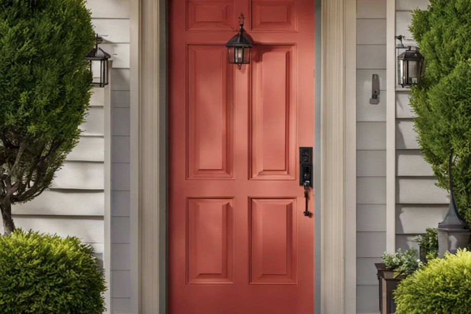An image showcasing a homeowner wearing protective gear while skillfully using an airless sprayer to evenly coat their front door with lustrous paint