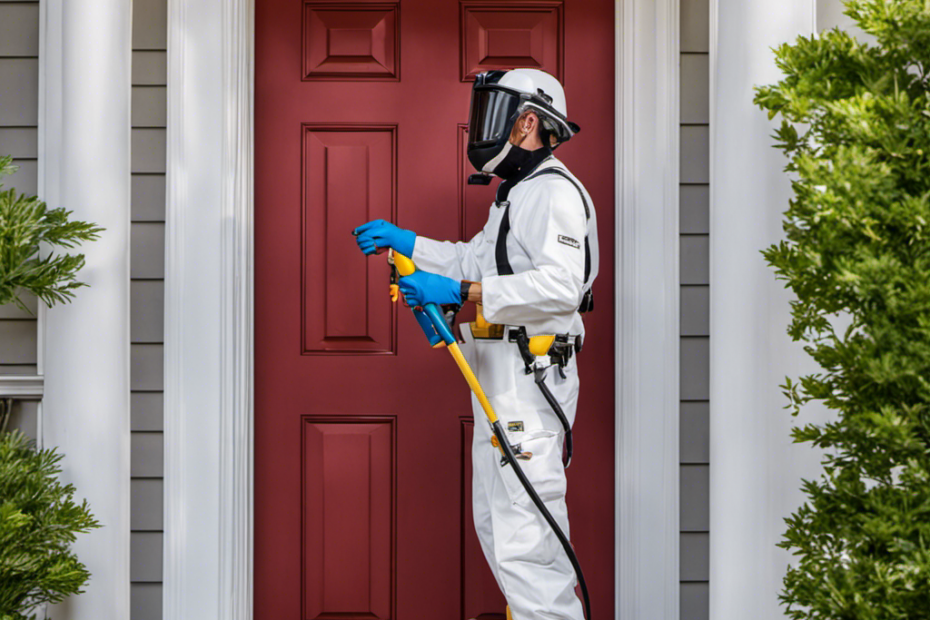 An image showcasing a homeowner wearing protective gear while skillfully using an airless sprayer to evenly coat their front door with lustrous paint