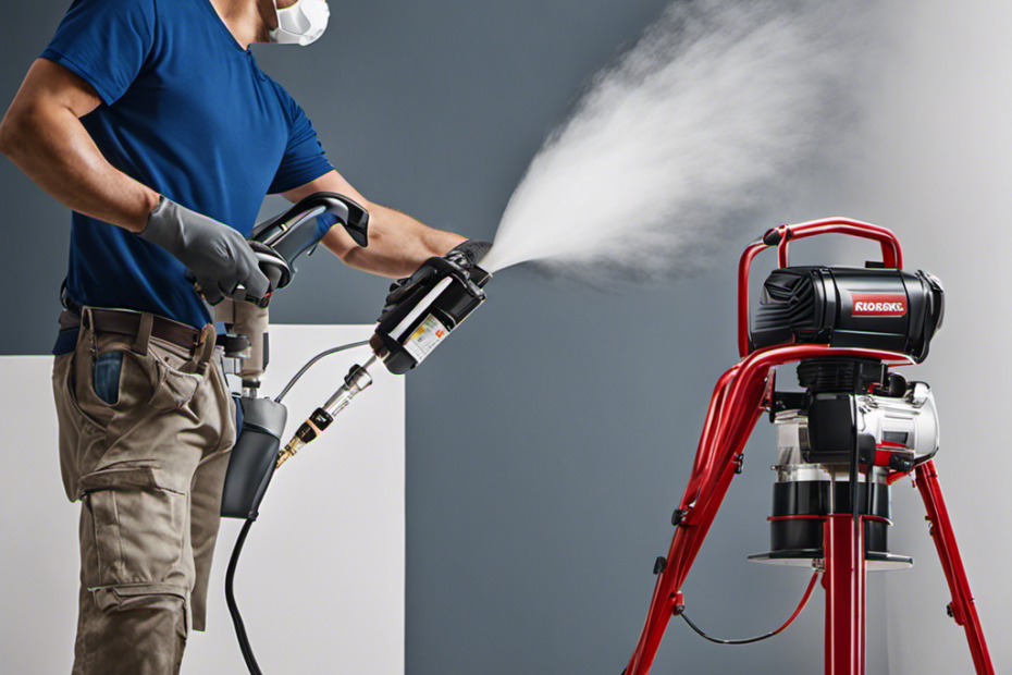 An image showcasing a skilled painter effortlessly maneuvering an airless paint sprayer, expertly coating a smooth surface with a fine mist of paint, capturing the precision and ease of using an airless paint sprayer