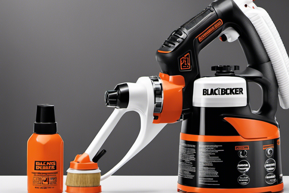 An image showcasing a skilled hand firmly gripping the ergonomic handle of a Black&Decker Airless Paint Sprayer, effortlessly spraying a flawless coat of paint onto a smooth surface, with fine mist enveloping the area