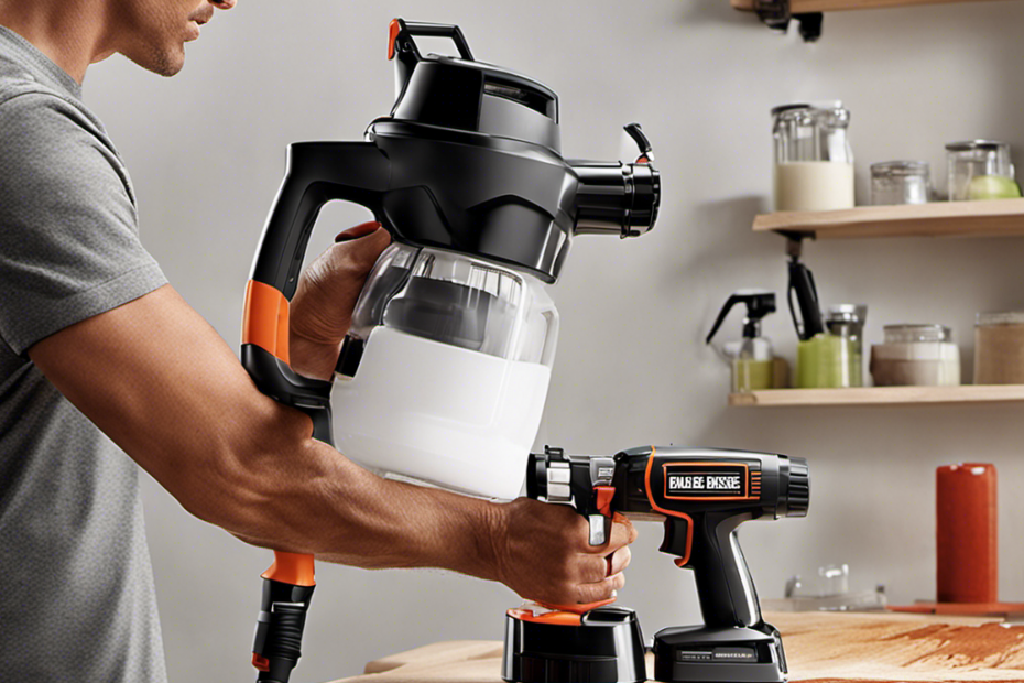 An image showcasing a skilled hand firmly gripping the ergonomic handle of a Black&Decker Airless Paint Sprayer, effortlessly spraying a flawless coat of paint onto a smooth surface, with fine mist enveloping the area
