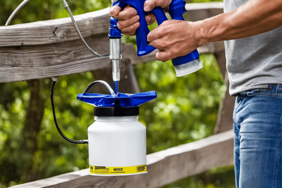 An image showcasing the Graco Magnum X7 Airless Paint Sprayer in action: a DIY enthusiast effortlessly painting a smooth, even layer on a wooden fence, with vibrant colors filling the frame and a fine mist of paint in the air