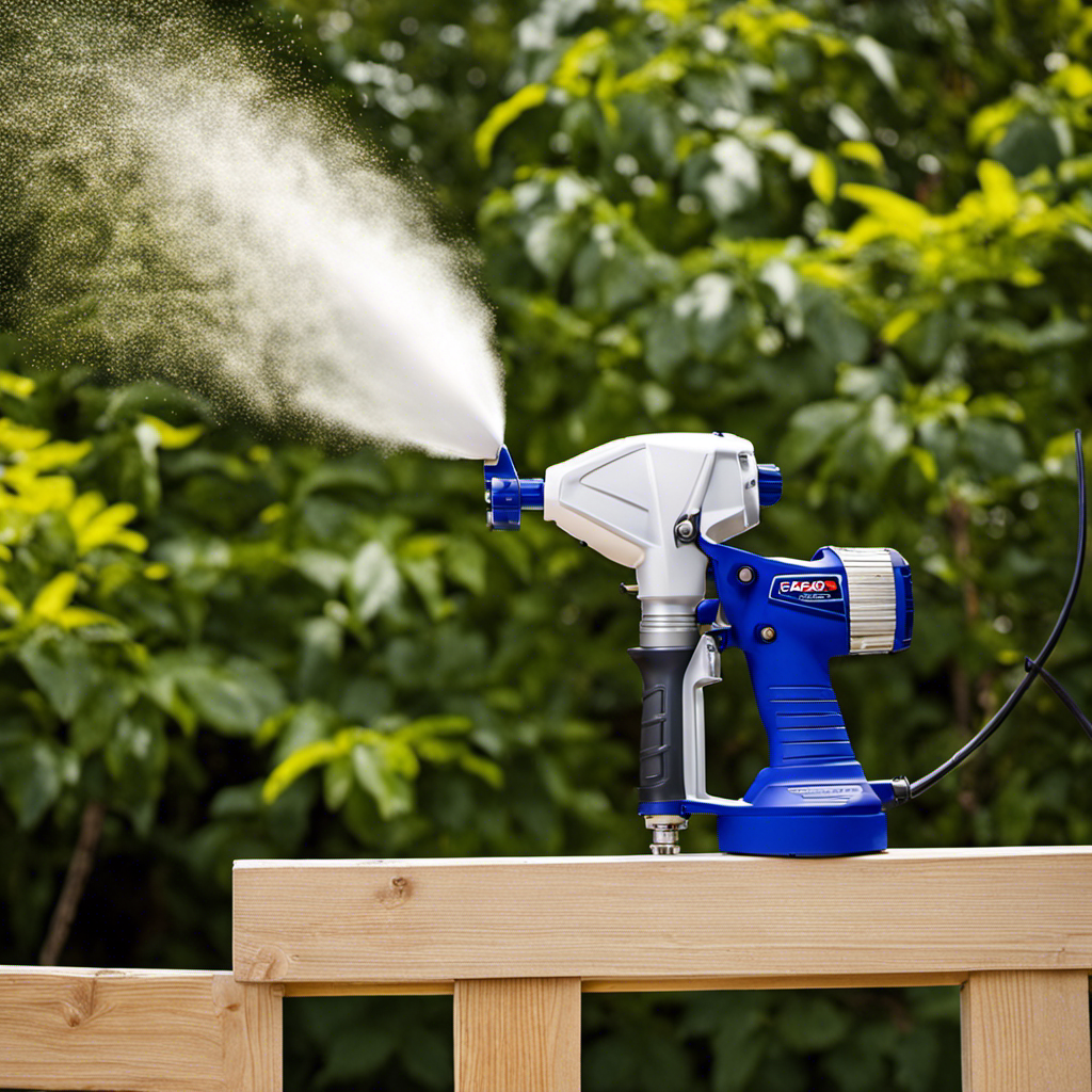 An image showcasing the Graco Magnum X7 Airless Paint Sprayer in action: a DIY enthusiast effortlessly painting a smooth, even layer on a wooden fence, with vibrant colors filling the frame and a fine mist of paint in the air