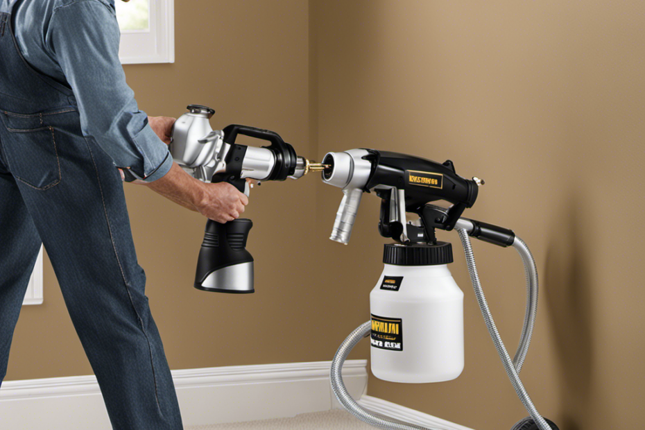 An image showcasing a professional painter effortlessly operating the Magnum True Airless Paint Sprayer, expertly maneuvering the device while producing a smooth and even coat of paint on a wall