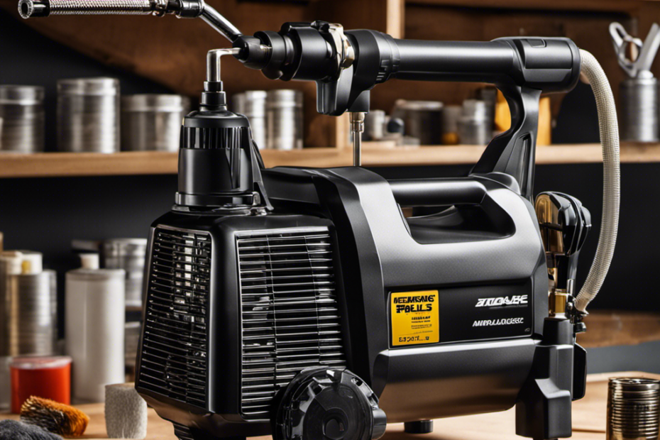 An image that showcases a close-up of a well-maintained airless paint sprayer, with a clean nozzle, unclogged filters, and a gleaming pump, surrounded by various cleaning tools and accessories neatly arranged on a workbench