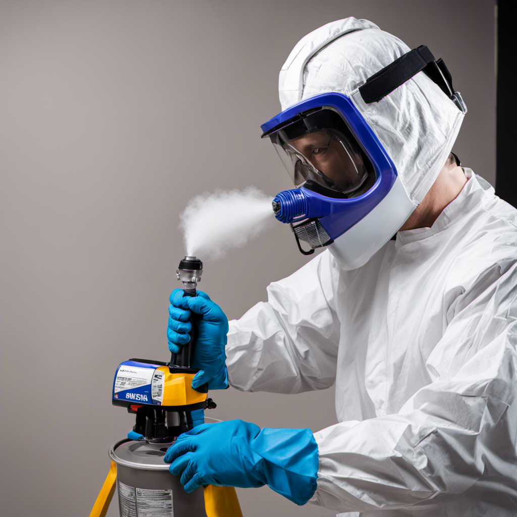 An image showcasing a professional painter wearing protective gear while operating an airless paint sprayer, ensuring safety