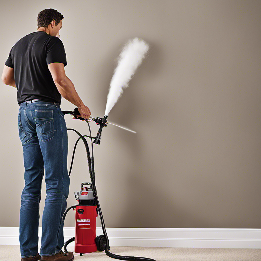 An image showcasing a skilled painter effortlessly maneuvering an airless paint sprayer, flawlessly coating a wall with a fine mist of paint
