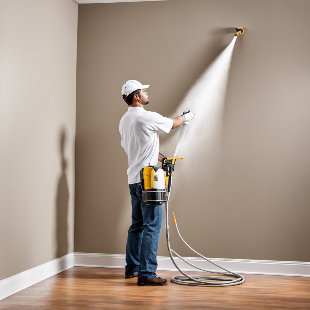 An image depicting a skilled painter effortlessly maneuvering an airless sprayer in a well-lit room, flawlessly coating the walls without any streaks or drips