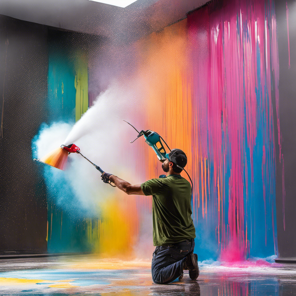 An image showcasing a skilled painter effortlessly maneuvering an airless sprayer, as vibrant droplets of paint disperse through the air, perfectly coating a smooth surface with precision and efficiency