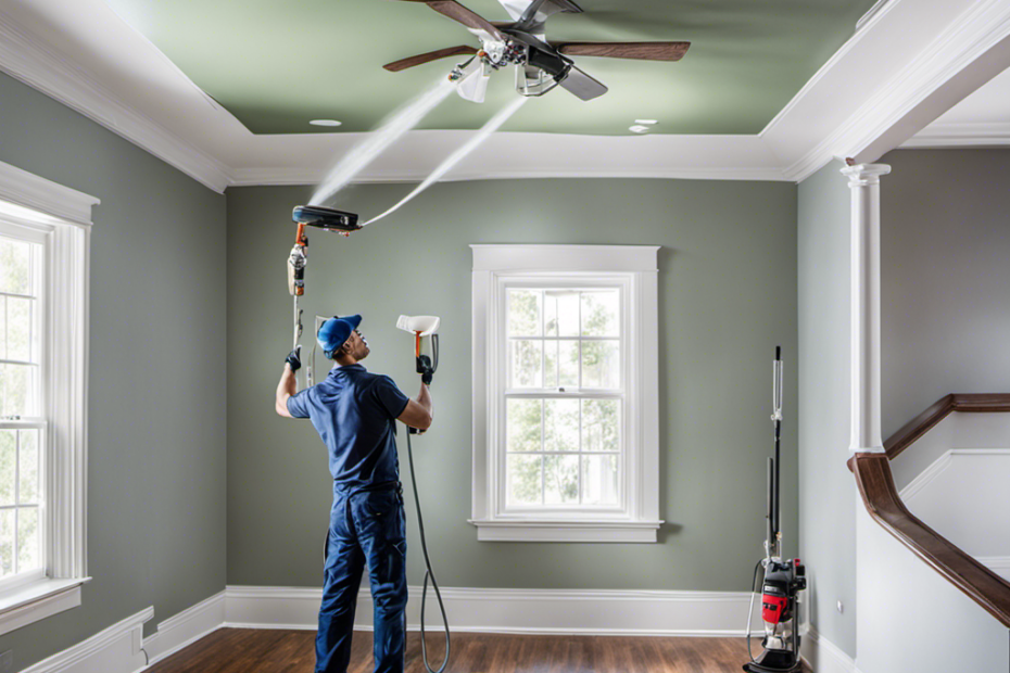 An image showcasing a skilled painter effortlessly operating an airless sprayer, flawlessly coating a ceiling with even layers of paint, capturing the precision and finesse required to achieve a flawless finish
