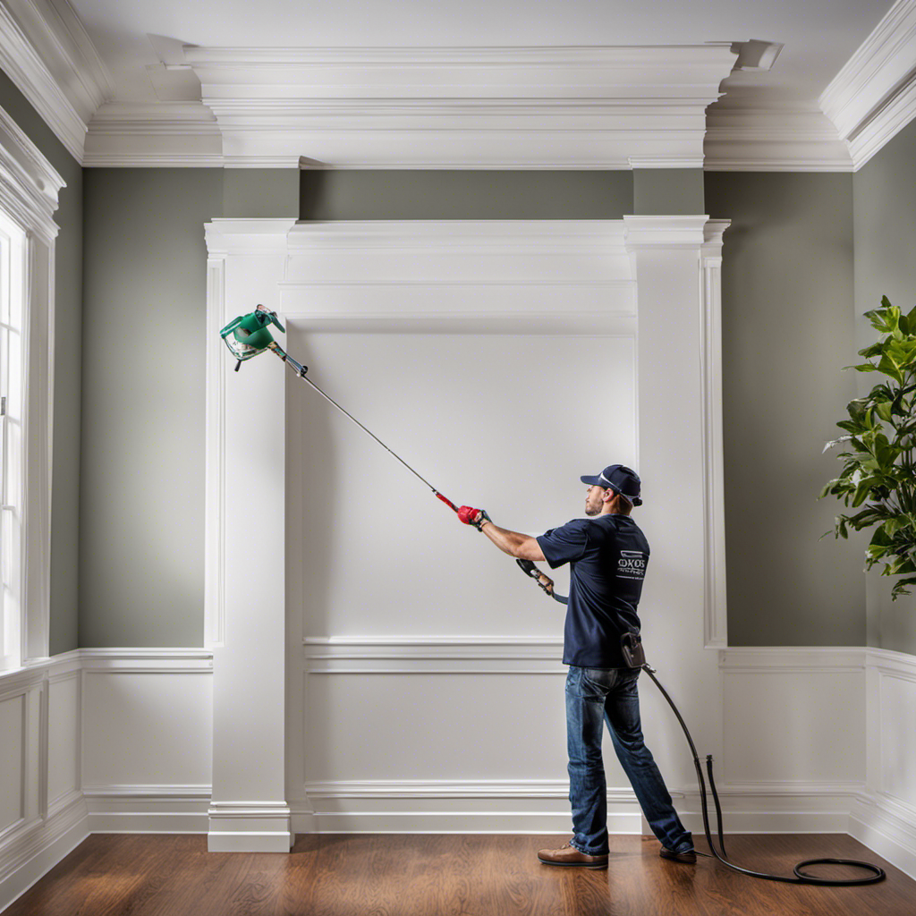 An image showcasing an expert painter skillfully maneuvering an airless sprayer, effortlessly coating intricate crown molding with a flawless layer of paint, capturing the perfect balance of precision and finesse