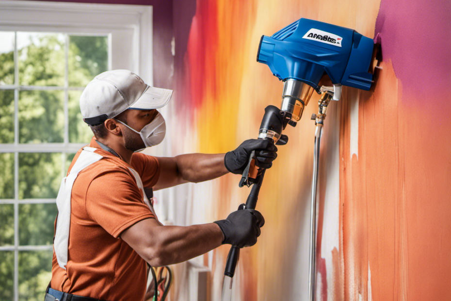 An image showcasing a skilled painter effortlessly operating an Anabec X70 airless paint sprayer, flawlessly coating a wall with precise strokes, while the vibrant colors and smooth finish enhance the overall aesthetic