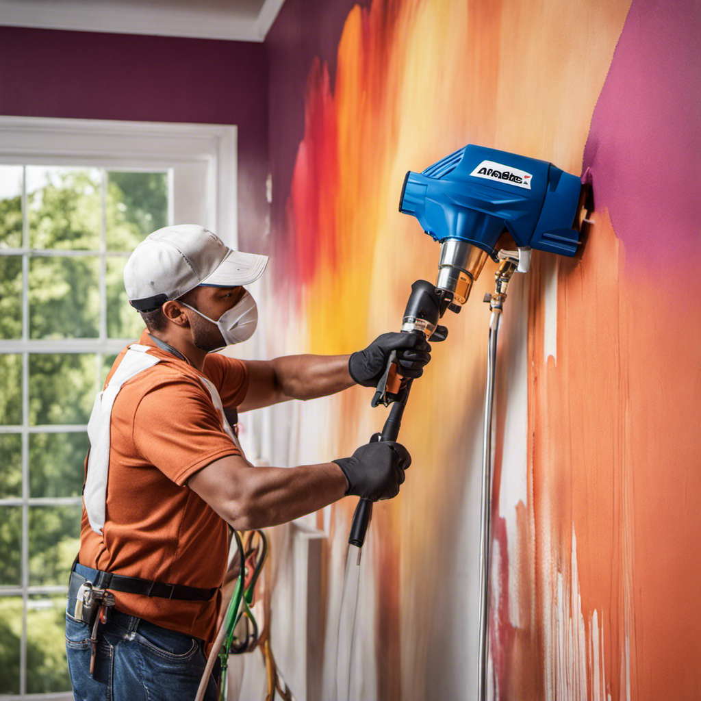 An image showcasing a skilled painter effortlessly operating an Anabec X70 airless paint sprayer, flawlessly coating a wall with precise strokes, while the vibrant colors and smooth finish enhance the overall aesthetic