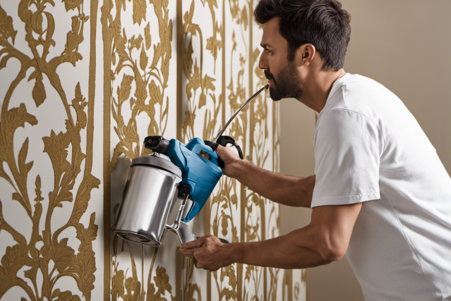 An image showcasing a skilled painter effortlessly wielding an airless sprayer, meticulously applying smooth coats of paint to an intricately patterned wall