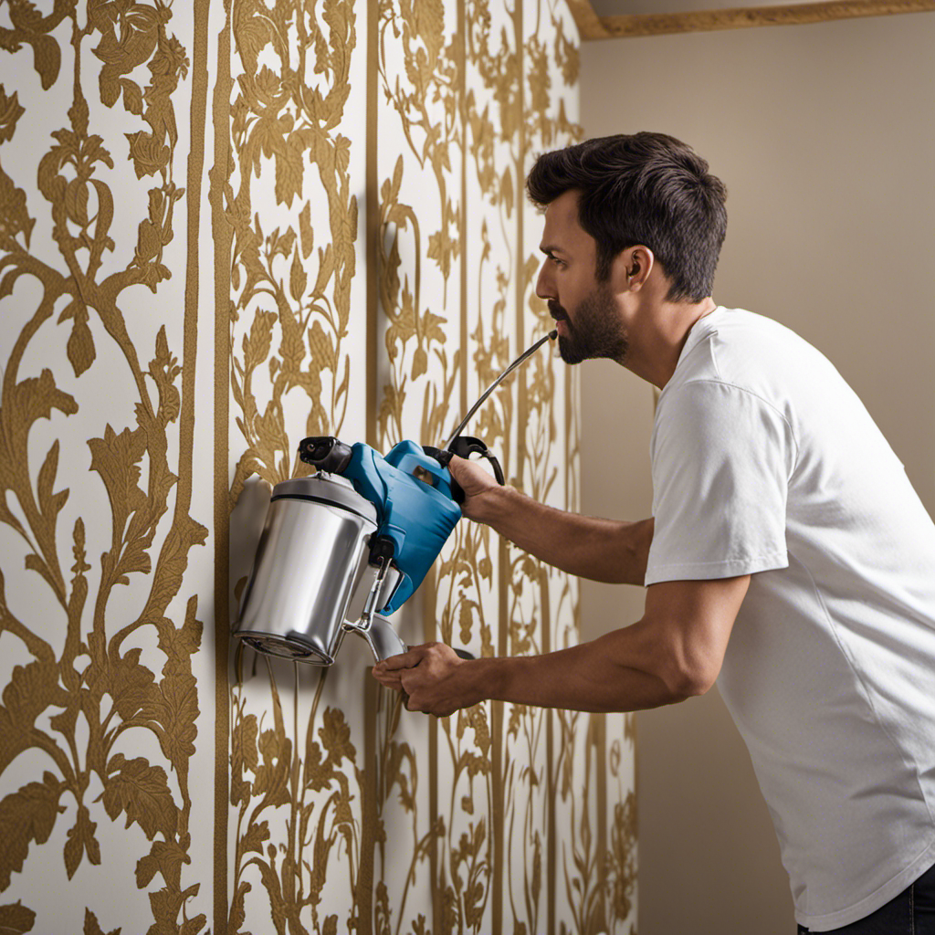 An image showcasing a skilled painter effortlessly wielding an airless sprayer, meticulously applying smooth coats of paint to an intricately patterned wall