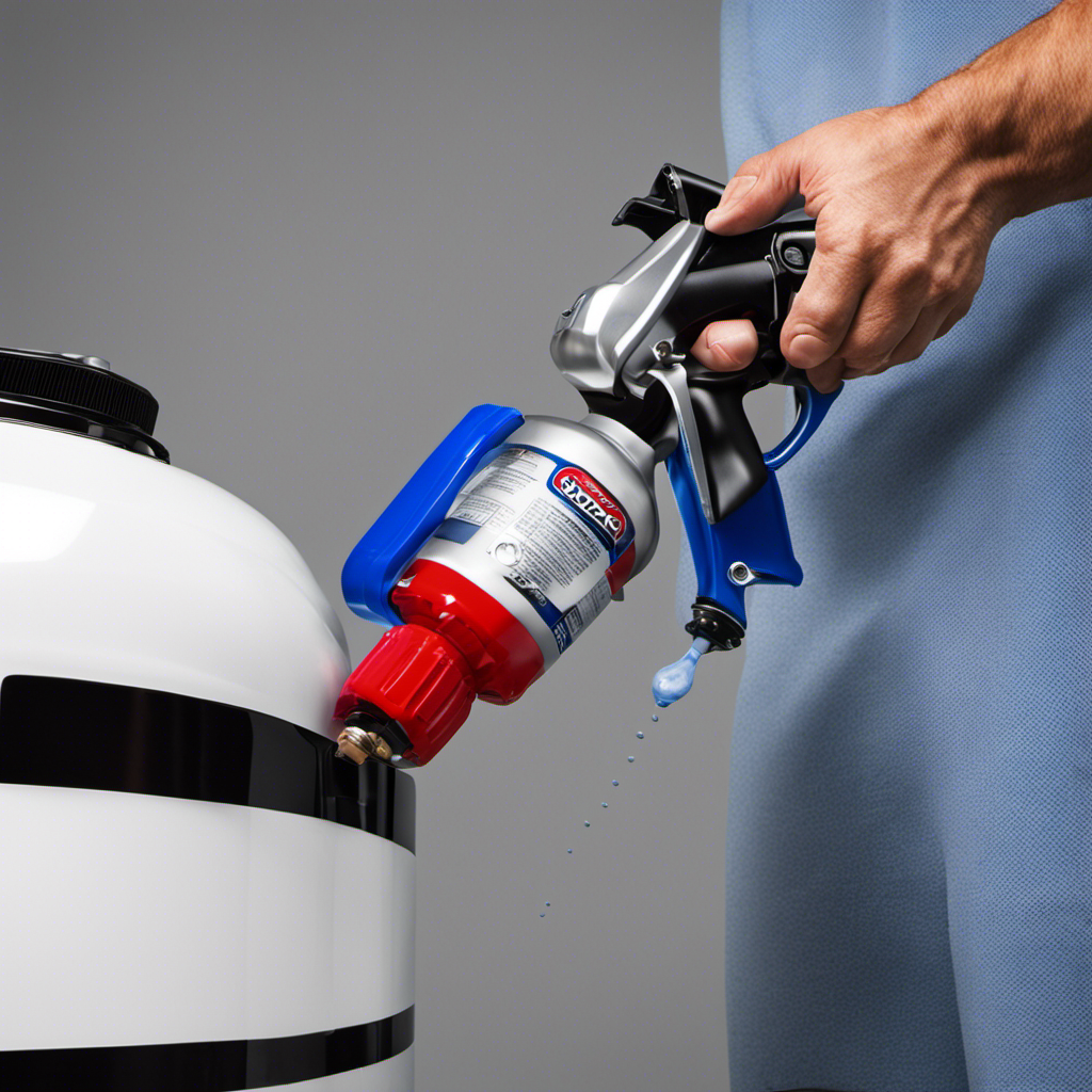 An image showcasing a skilled hand gripping a Graco Magnum Airless Sprayer, expertly adjusting the priming knob to perfection, while paint droplets elegantly disperse from the nozzle, capturing the essence of mastering priming techniques