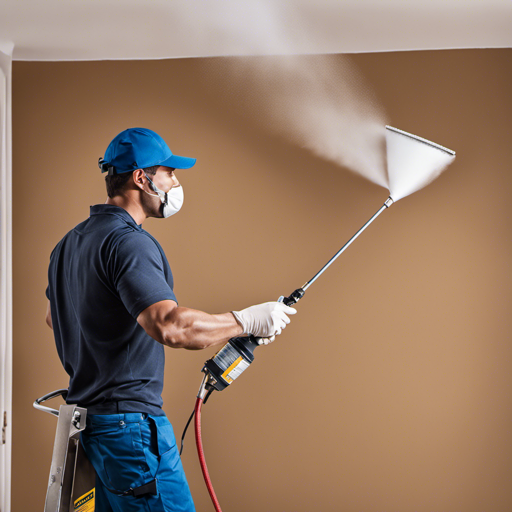 An image showcasing a skilled painter effortlessly operating an airless sprayer, flawlessly coating a wall with a smooth and even layer of paint