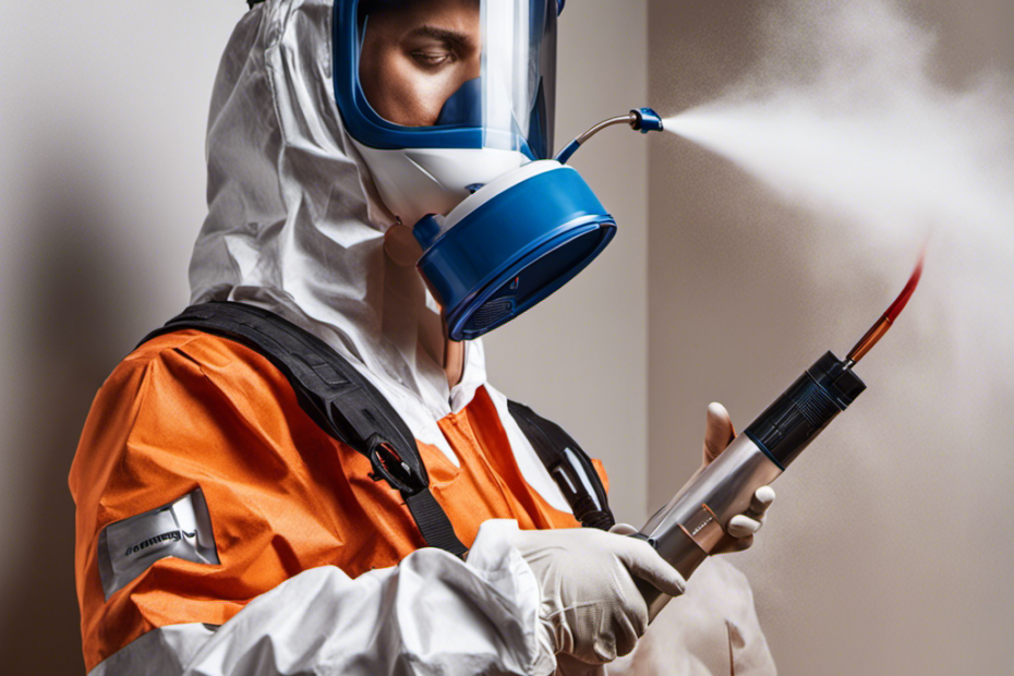 An image showcasing a skilled painter, wearing protective gear, deftly manoeuvring an airless paint sprayer