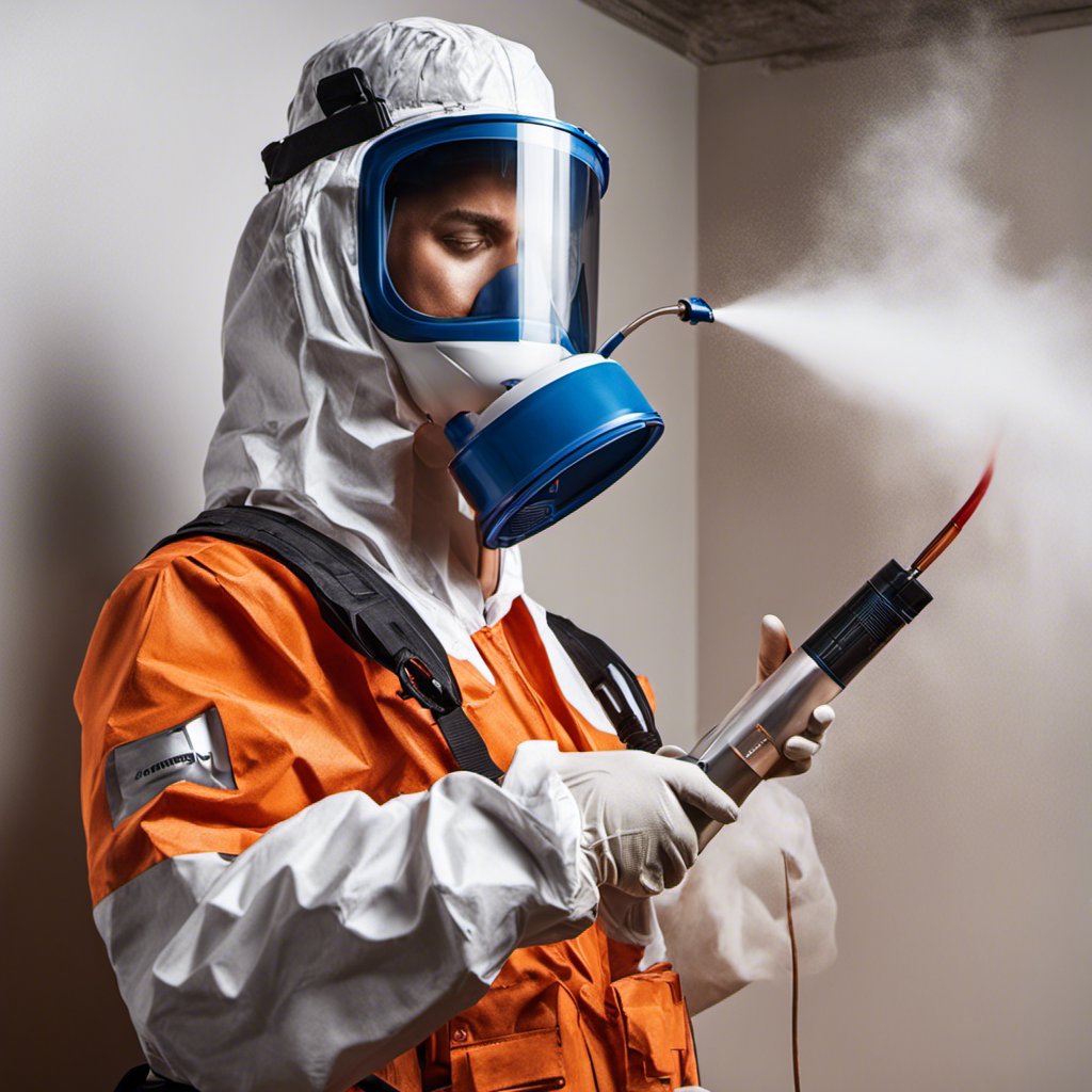 An image showcasing a skilled painter, wearing protective gear, deftly manoeuvring an airless paint sprayer