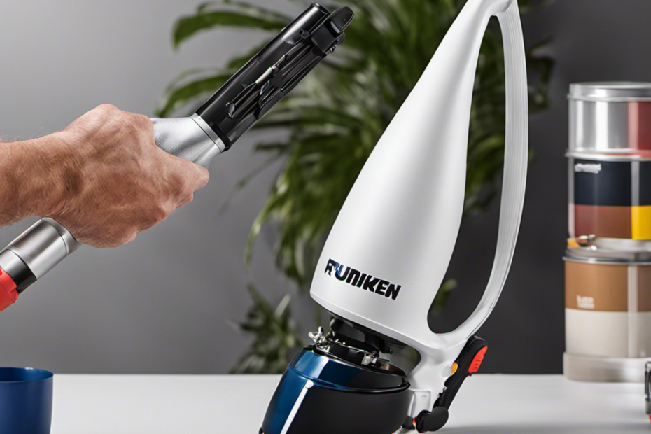 An image showcasing a skilled painter confidently maneuvering an airless paint sprayer, fluidly applying a flawless coat of paint onto a smooth surface, displaying the mastery of technique and precision