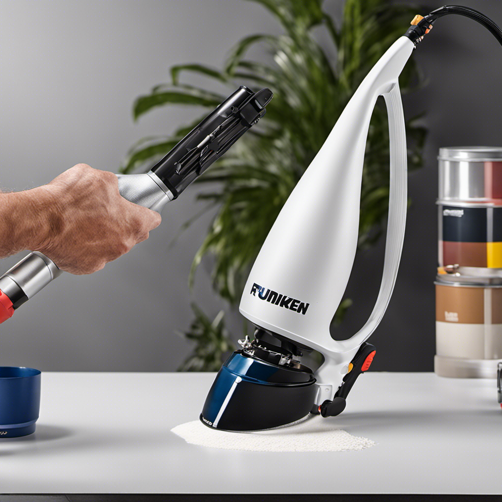An image showcasing a skilled painter confidently maneuvering an airless paint sprayer, fluidly applying a flawless coat of paint onto a smooth surface, displaying the mastery of technique and precision