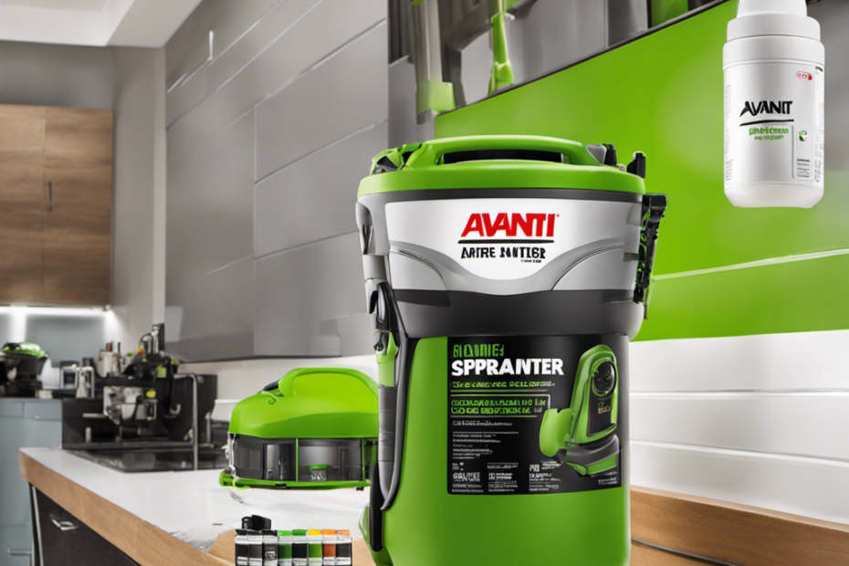 An image showcasing an expert painter effortlessly controlling the Avanti Airless Paint Sprayer, flawlessly coating a smooth surface with precision and speed, emitting a fine mist of vibrant paint particles