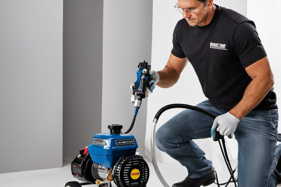 An image showcasing a skilled hand effortlessly operating the Krause and Becker Airless Paint Sprayer, with fine mist of paint gracefully coating a surface, highlighting its precise control and professional finish