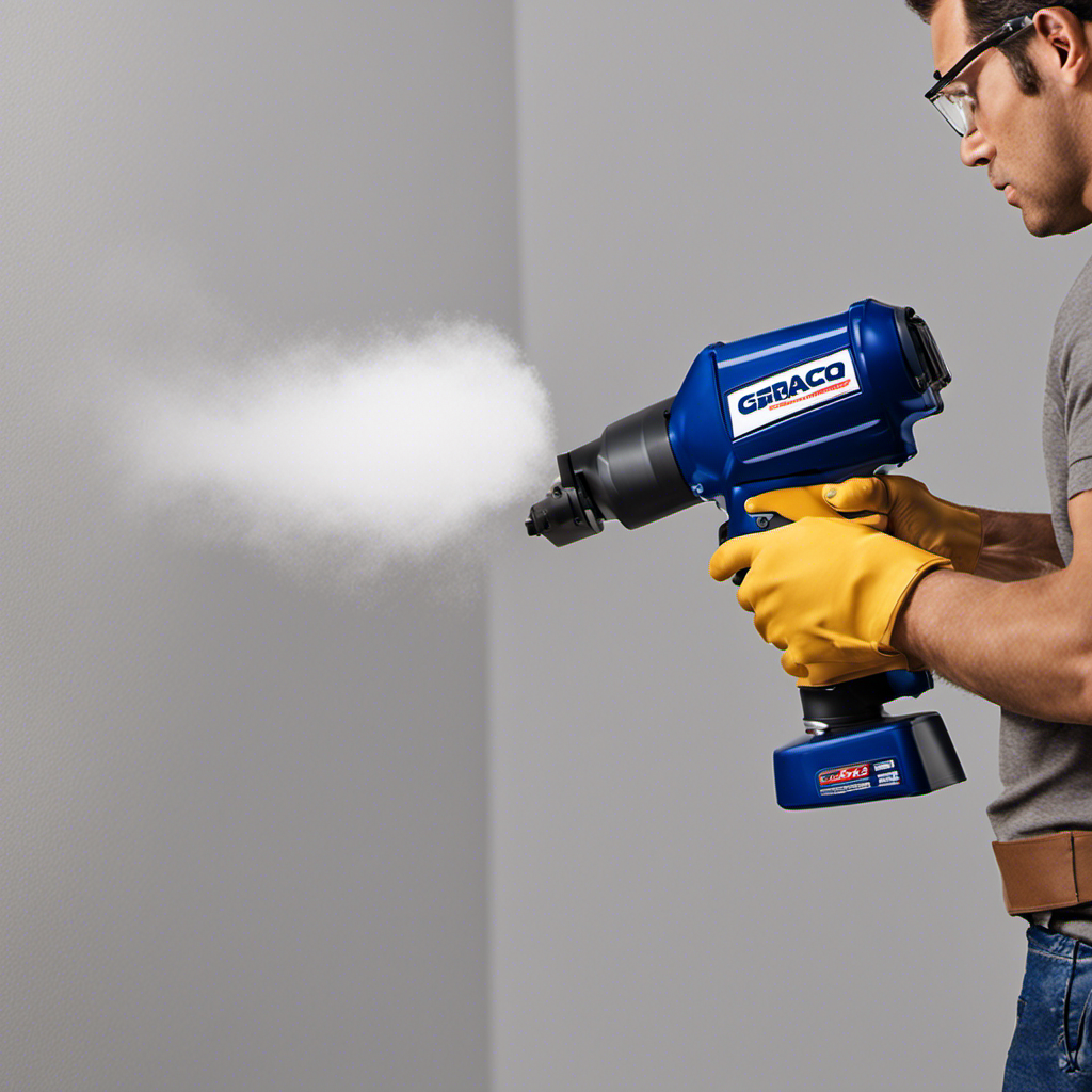 An image showcasing a skilled painter effortlessly operating the Graco Magnum X7 paint sprayer, capturing the precise, smooth strokes as vibrant colors effortlessly transform a plain wall into a masterpiece