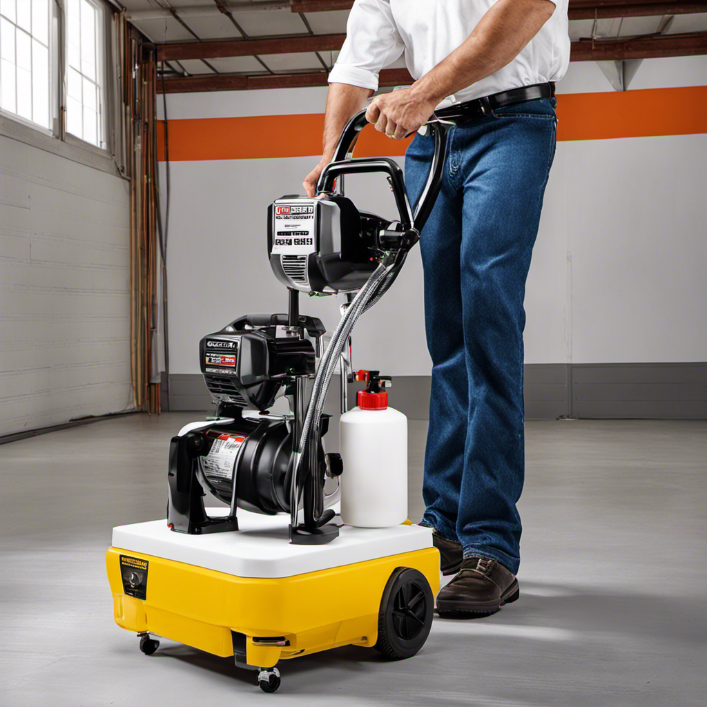 An image showcasing a skilled painter effortlessly maneuvering the Harbor Freight Airless Paint Sprayer, expertly coating a smooth, flawless surface with precision