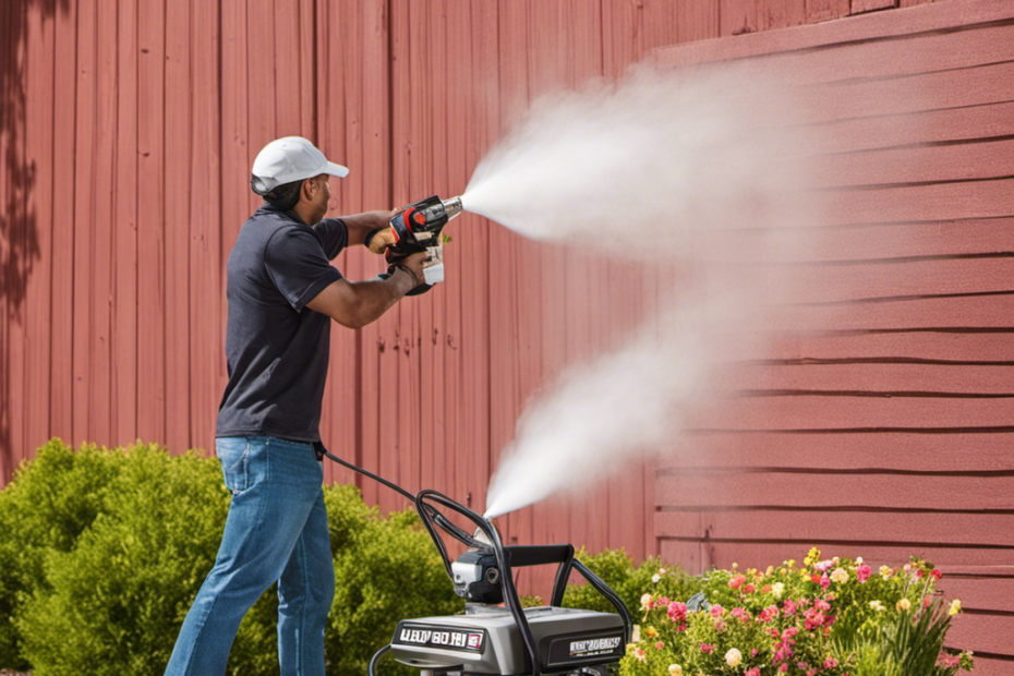 An image showcasing the Harbor Freight Airless Paint Sprayer in action - a skilled hand effortlessly gliding the sprayer across a wall, releasing a fine mist of paint that beautifully coats the surface with precision and ease