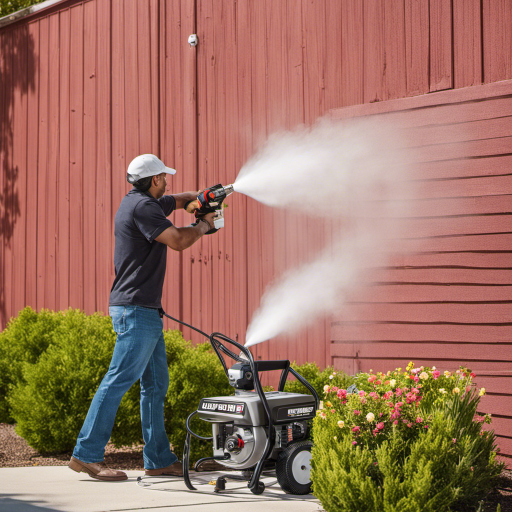 An image showcasing the Harbor Freight Airless Paint Sprayer in action - a skilled hand effortlessly gliding the sprayer across a wall, releasing a fine mist of paint that beautifully coats the surface with precision and ease
