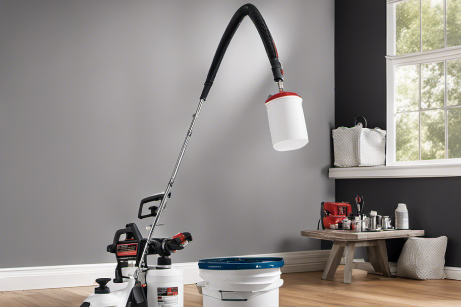 An image showcasing a skilled hand firmly gripping the Krause & Becker Airless Paint Sprayer, with a smooth, even spray of vibrant paint effortlessly transforming a dull wall into a stunning masterpiece