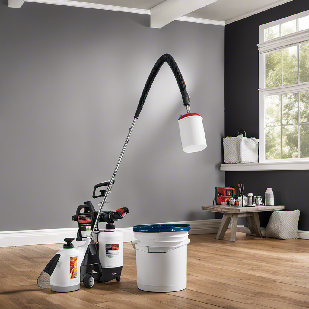 An image showcasing a skilled hand firmly gripping the Krause & Becker Airless Paint Sprayer, with a smooth, even spray of vibrant paint effortlessly transforming a dull wall into a stunning masterpiece