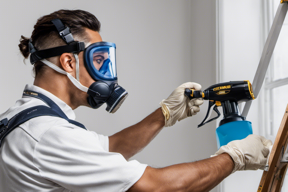 An image showcasing a professional painter wearing safety goggles and a respirator, skillfully maneuvering the Magnum X7 paint sprayer