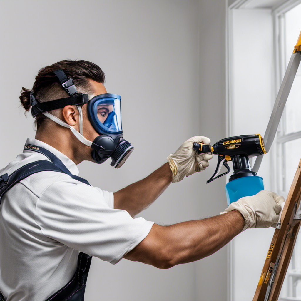 An image showcasing a professional painter wearing safety goggles and a respirator, skillfully maneuvering the Magnum X7 paint sprayer