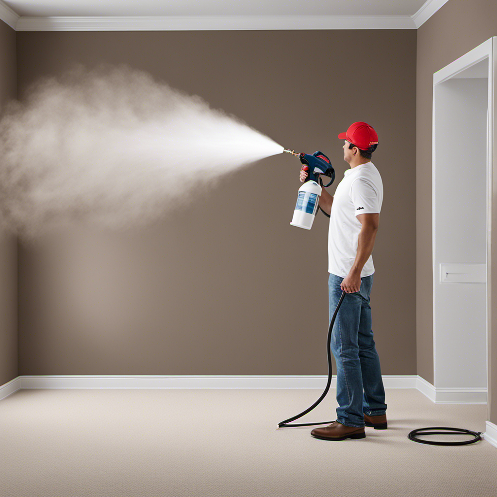 An image showcasing a skilled painter effortlessly maneuvering an airless sprayer, effortlessly coating a smooth, flawless wall