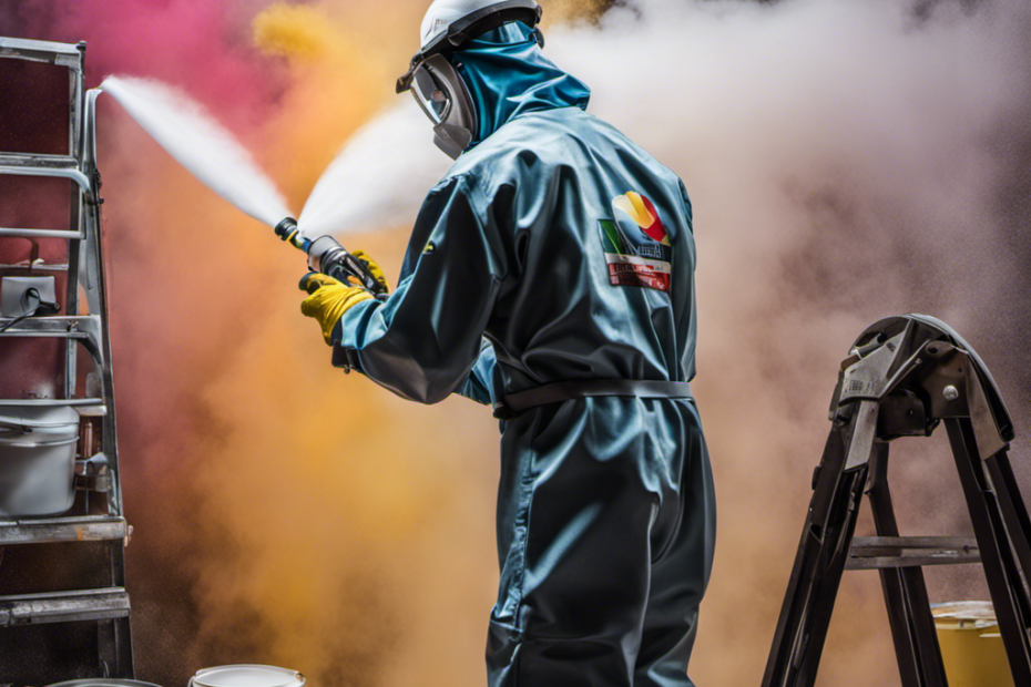 An image showcasing a professional painter wearing protective gear, skillfully operating an airless sprayer to coat a smooth, even layer of paint on a large surface, surrounded by vibrant colors and a cloud of fine mist