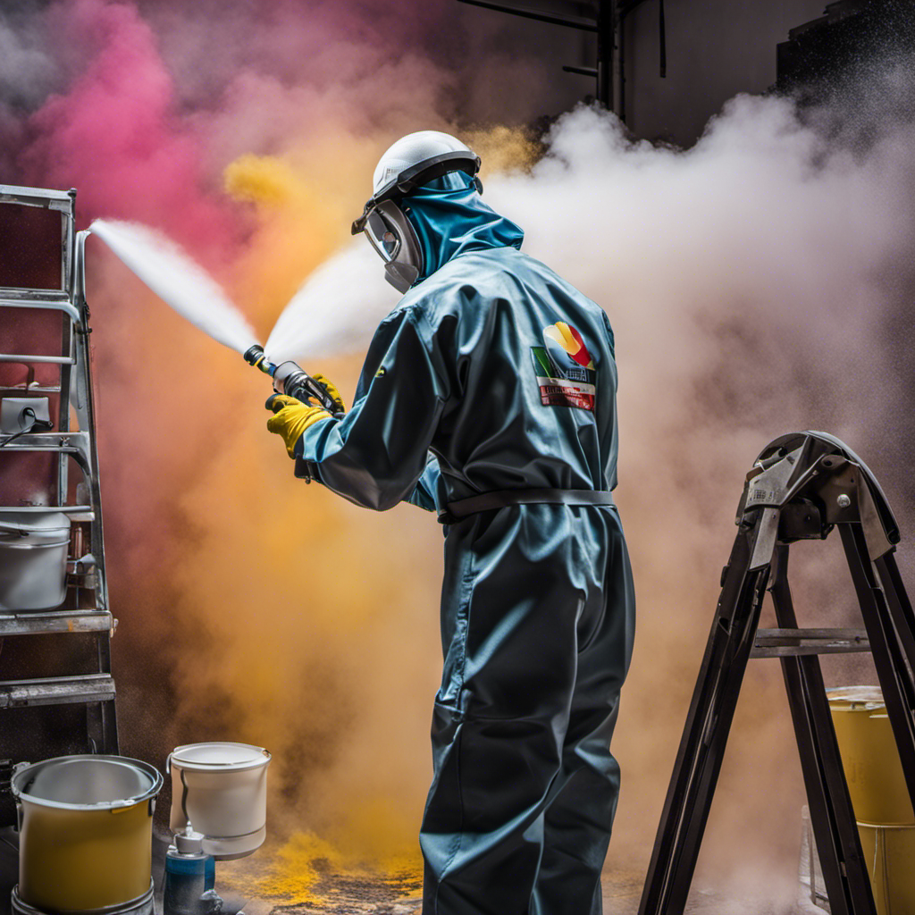 An image showcasing a professional painter wearing protective gear, skillfully operating an airless sprayer to coat a smooth, even layer of paint on a large surface, surrounded by vibrant colors and a cloud of fine mist